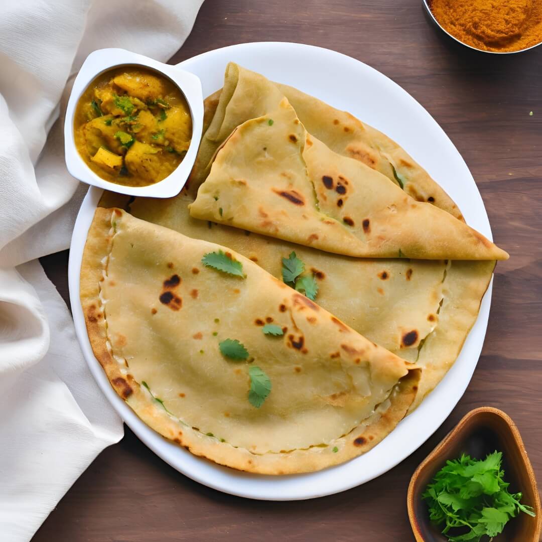 A plate of freshly made Aloo Parathas, featuring golden, flaky flatbreads stuffed with spiced potato filling, served alongside a bowl of creamy yogurt and chopped onions for dipping.