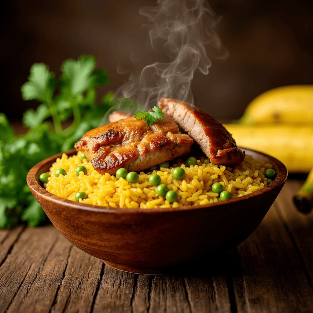 A hearty plate of Arroz con Gandules y Pernil, featuring golden rice cooked with green pigeon peas, slow-cooked pork shoulder (pernil), olives, and roasted red peppers, garnished with fresh cilantro.