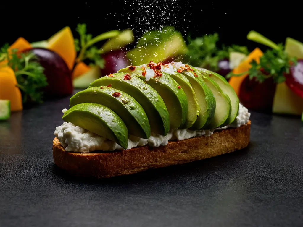 A beautifully composed avocado toast topped with perfectly poached eggs, sprinkled with red pepper flakes, sea salt, and fresh herbs, served on a wooden board.