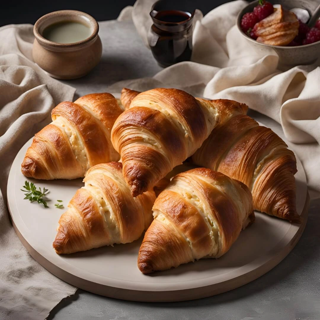 A golden tray of Baked Ham and Cheese Croissants, featuring flaky croissant dough filled with slices of ham, melted cheese, and fresh herbs, baked to perfection with crispy exteriors.