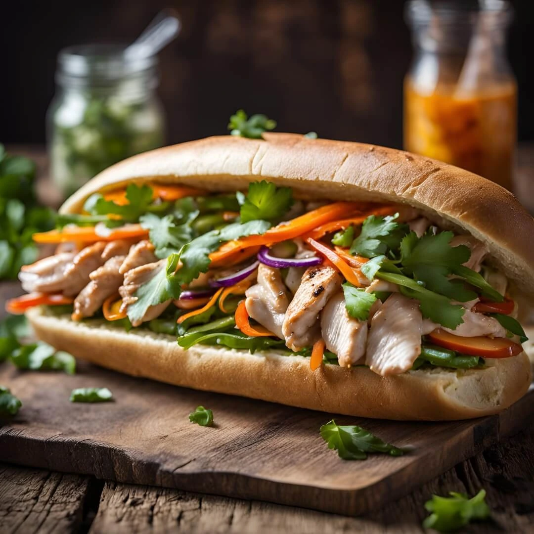 A freshly made Banh Mi sandwich, featuring a crispy baguette filled with savory grilled pork, pickled carrots and daikon radish, cilantro, cucumber slices, spicy chili sauce, and a drizzle of mayo.