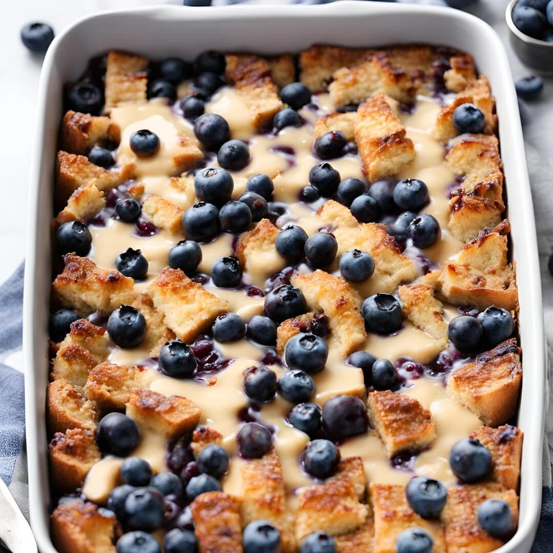 A warm, golden Blueberry French Toast Casserole, featuring thick slices of bread soaked in an egg custard mixture, baked with fresh blueberries, and topped with a drizzle of maple syrup and powdered sugar.