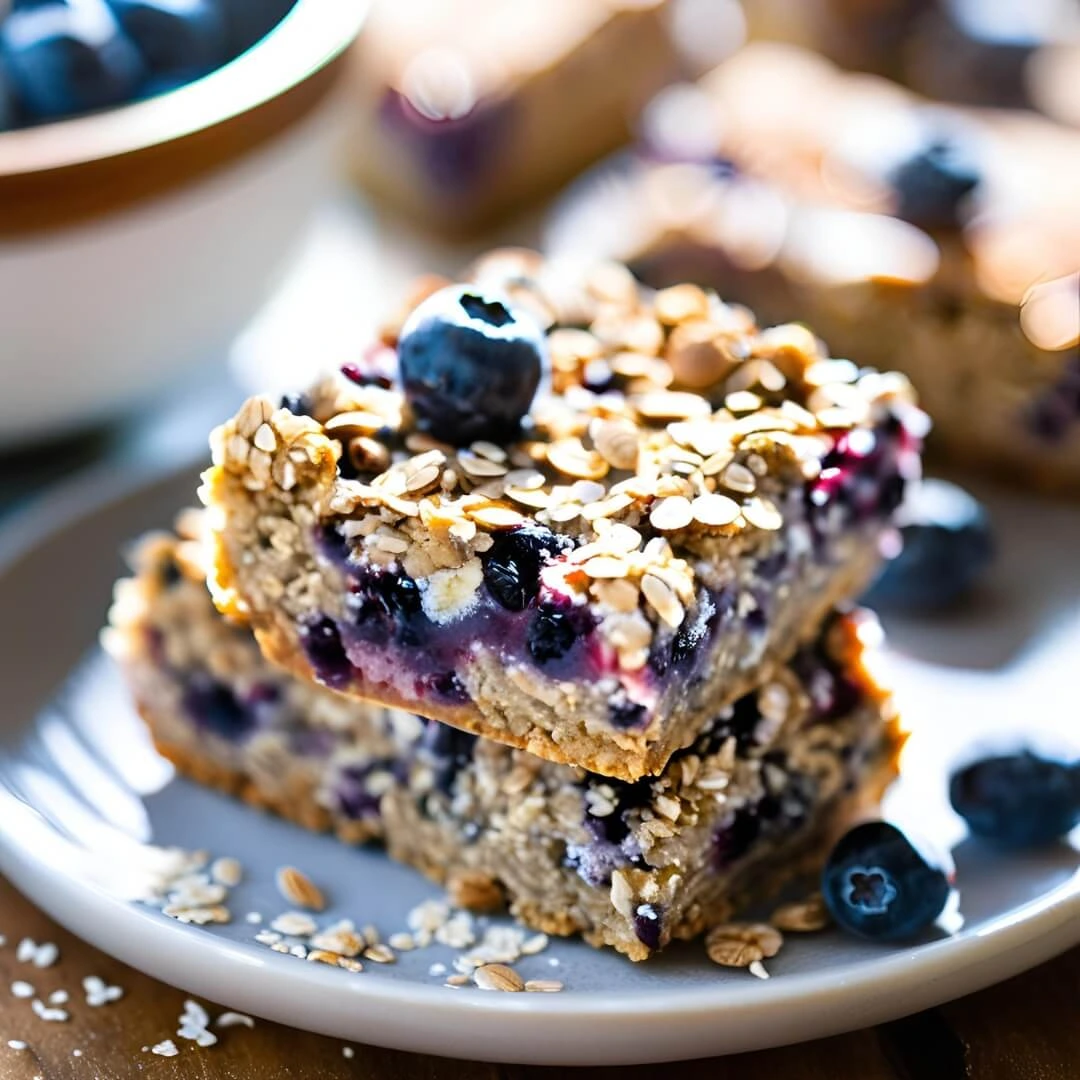 A tray of Blueberry Oatmeal Breakfast Bars, featuring soft, chewy bars made with oats, sweet blueberries, and a hint of cinnamon, baked to golden perfection and sliced into neat portions.