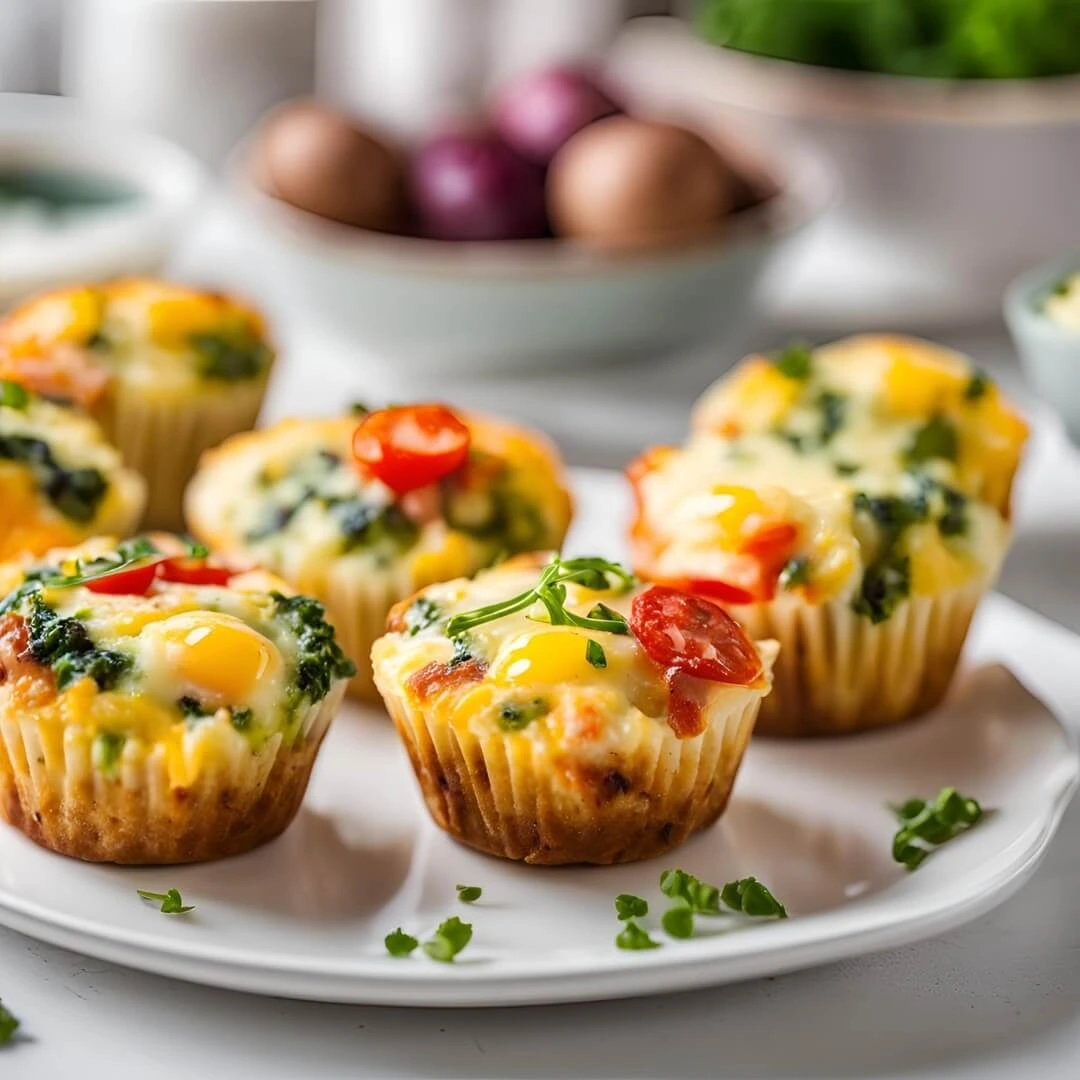 A muffin tin filled with Breakfast Egg Muffins, featuring perfectly portioned cups of scrambled eggs mixed with cheese, vegetables, and bacon or sausage, baked until golden and fluffy.