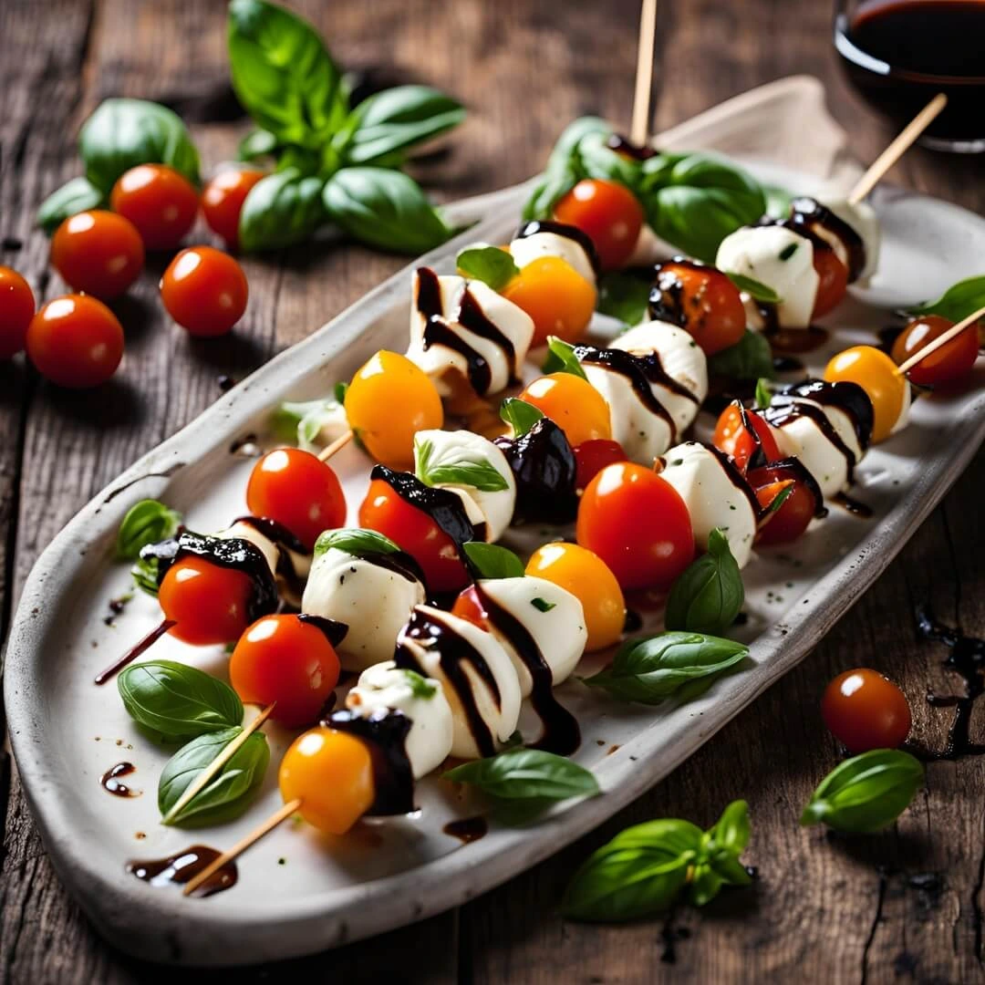 A colorful arrangement of Caprese Skewers, featuring fresh cherry tomatoes, creamy mozzarella balls, and fragrant basil leaves threaded onto wooden skewers, drizzled with a glossy balsamic glaze.
