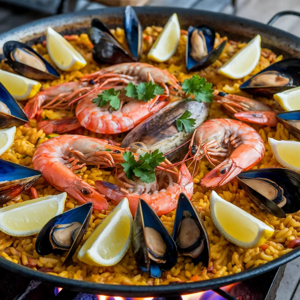 A beautifully presented dish of Cheater's Paella, featuring golden saffron-infused rice loaded with shrimp, mussels, chorizo, chicken, and an assortment of colorful vegetables like bell peppers and peas, all garnished with fresh parsley.