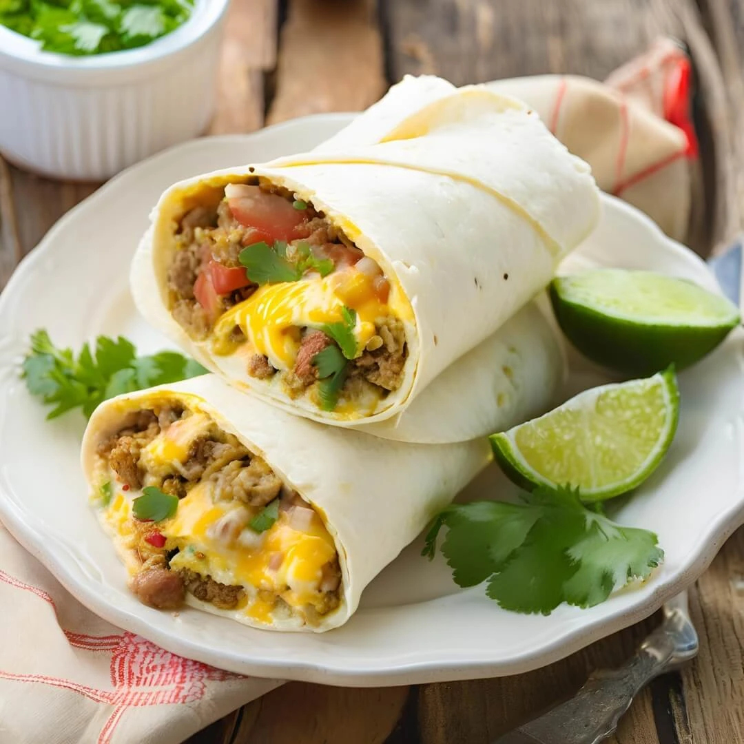 A plate of Cheesy Sausage Breakfast Burritos, featuring fluffy tortillas stuffed with scrambled eggs, crumbled sausage, melted cheese, and fresh salsa, wrapped up and ready to go.
