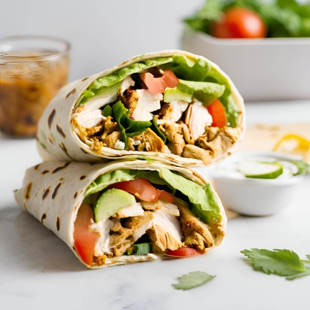 A vibrant Chicken Shawarma Wrap, featuring tender marinated chicken strips, fresh lettuce, tomatoes, onions, and a creamy tahini sauce, all tucked into a soft pita bread.