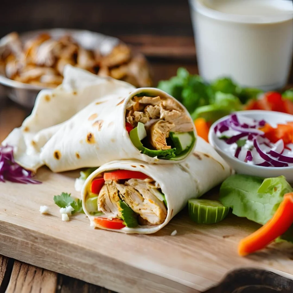 A vibrant Chicken Shawarma Wrap, featuring tender marinated chicken strips, fresh lettuce, tomatoes, onions, and a creamy tahini sauce, all tucked into a soft pita bread.