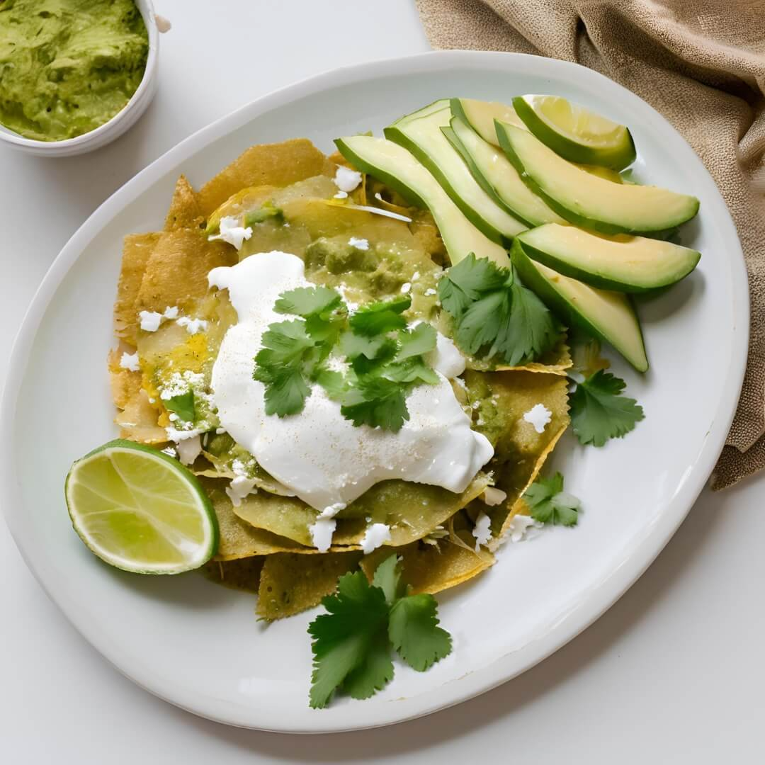 A vibrant plate of Chilaquiles Verdes, featuring crispy tortilla chips simmered in a tangy tomatillo-green chili sauce, topped with crumbled queso fresco, sliced radishes, fresh cilantro, and a side of refried beans.