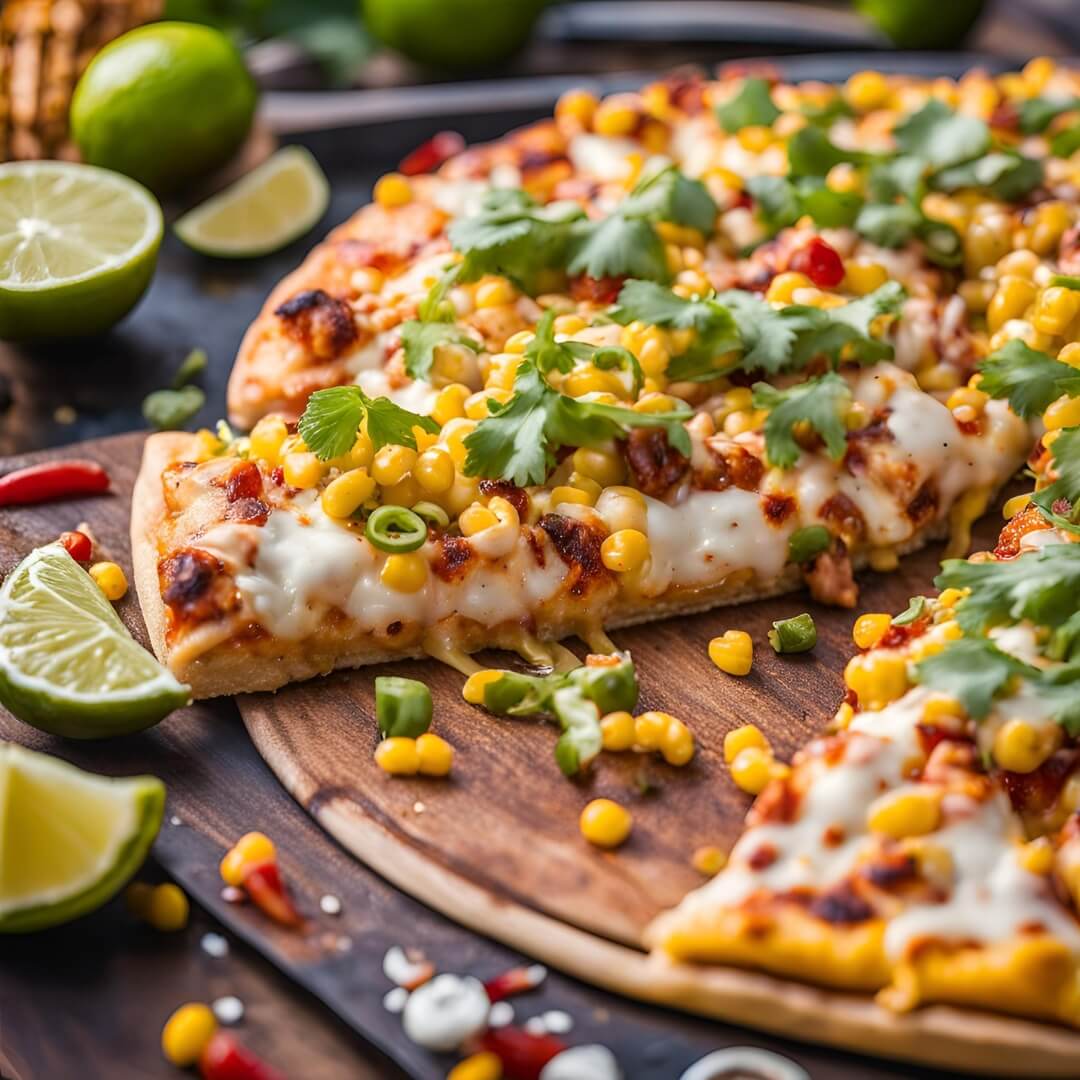 A mouthwatering Chili Lime Chicken Street Corn Pizza, featuring a crispy crust topped with creamy corn mixture, tender chicken pieces, crumbled cotija cheese, fresh cilantro, red onion, and a drizzle of chili-lime sauce.