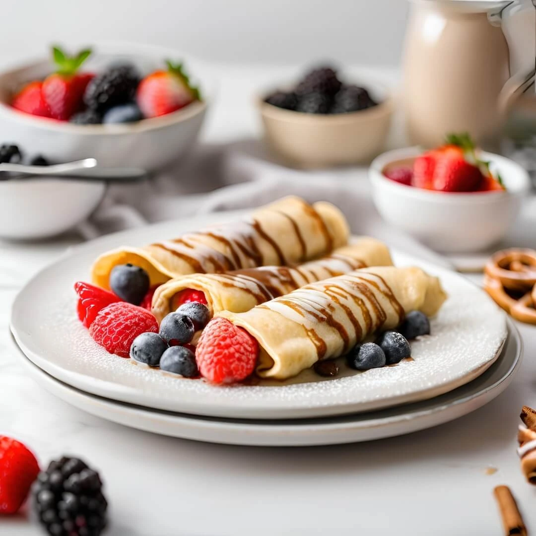A stack of Cinnamon Roll Protein Crepes, featuring thin, golden crepes swirled with cinnamon sugar filling, rolled up and drizzled with a light cream cheese glaze, served with fresh berries on the side.