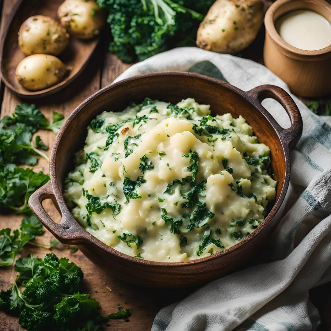 A comforting bowl of Colcannon Potatoes, featuring creamy mashed potatoes mixed with tender cabbage or kale, dotted with butter, and garnished with crispy bacon bits and fresh chives.
