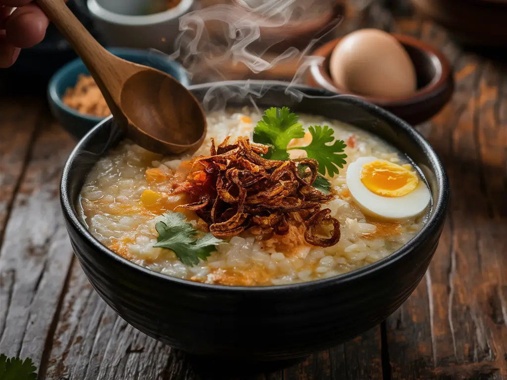 A steaming bowl of congee topped with green onions, served alongside pickled ginger and soft-boiled eggs, with a wooden spoon resting on the side.