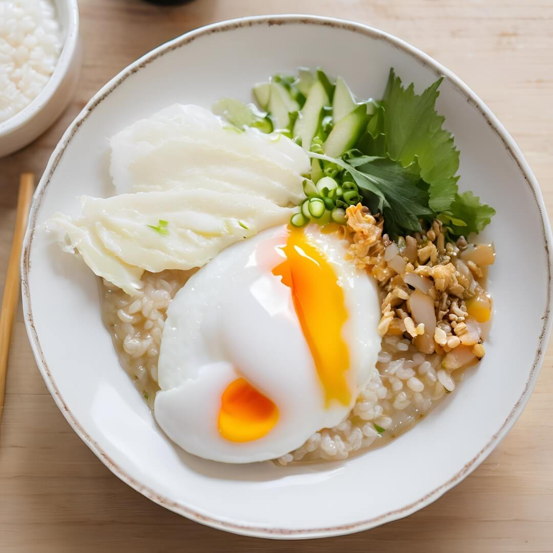 A steaming bowl of Congee with Poached Egg, featuring creamy rice porridge topped with a perfectly poached egg, green onions, crispy fried shallots, and a side of pickled ginger.