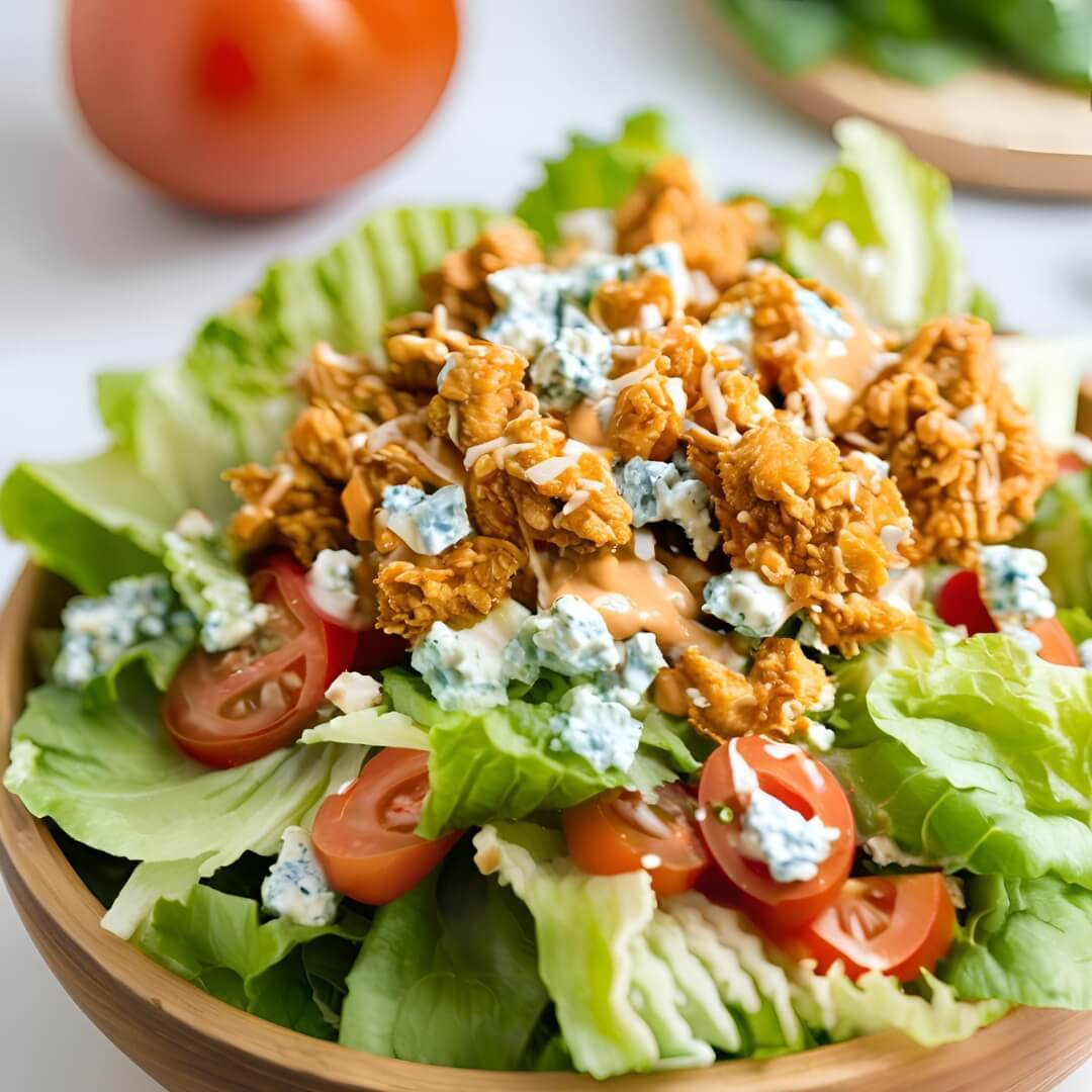 A vibrant bowl of Crispy Buffalo Chicken Salad, featuring tender pieces of buffalo sauce-coated chicken atop a bed of fresh greens, cherry tomatoes, blue cheese crumbles, and crispy celery sticks, all drizzled with ranch dressing.