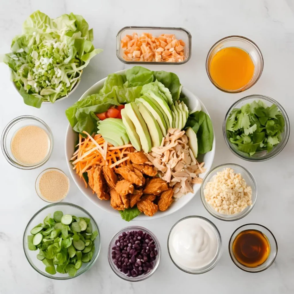 A vibrant bowl of Crispy Buffalo Chicken Salad, featuring tender pieces of buffalo sauce-coated chicken atop a bed of fresh greens, cherry tomatoes, blue cheese crumbles, and crispy celery sticks, all drizzled with ranch dressing.