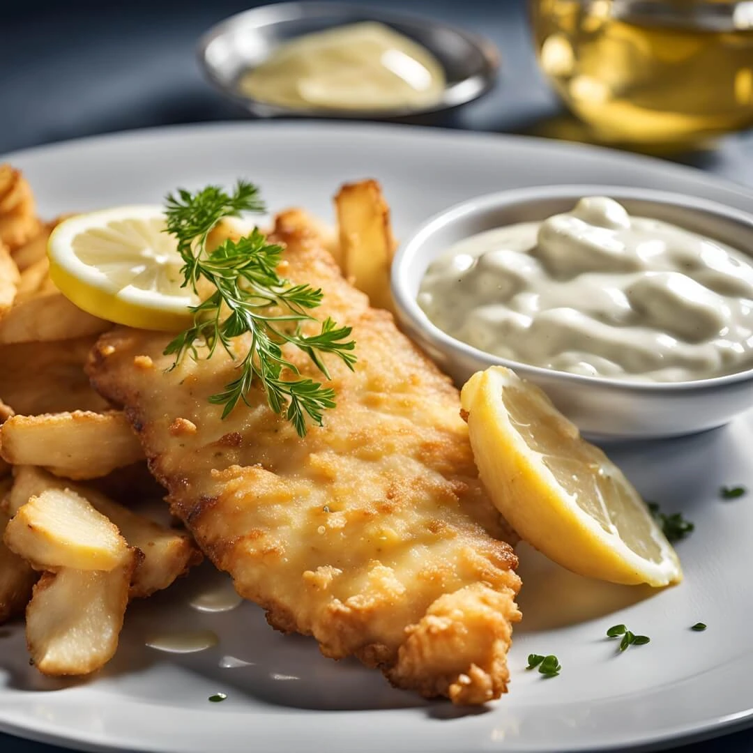 A golden plate of Crispy Fish and Chips, featuring perfectly battered fish fillets with a crunchy exterior and tender interior, served alongside thick-cut fries, all drizzled with malt vinegar and garnished with fresh lemon wedges.