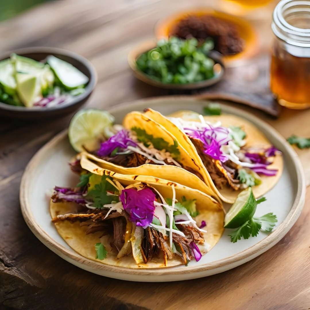 A plate of Crispy Korean BBQ Tacos, featuring soft taco shells loaded with crispy, marinated Korean BBQ beef, fresh lettuce, pickled radishes, sesame seeds, and a drizzle of spicy gochujang sauce.