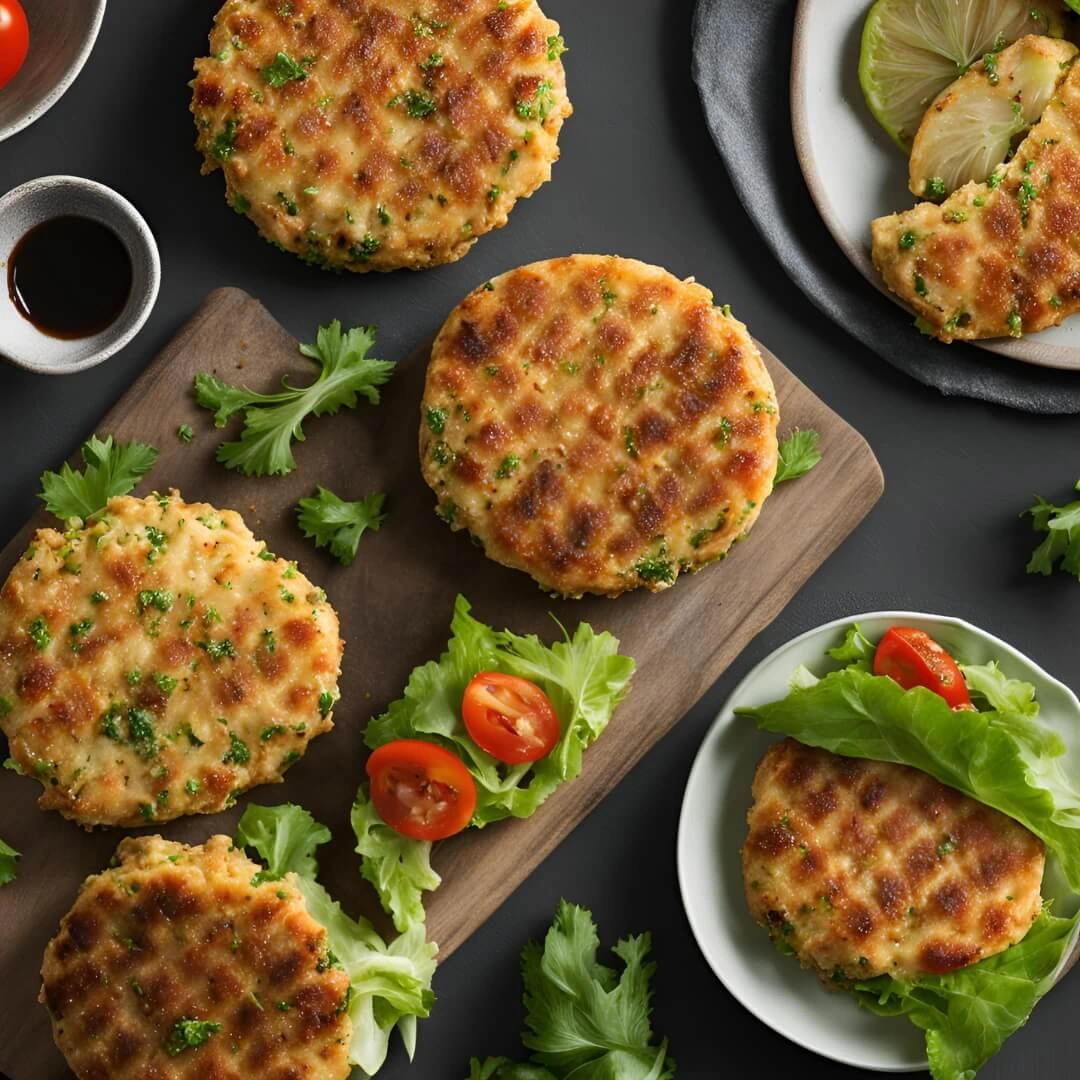 A plate of delicious Easy Chicken Veggie Patties, featuring golden-brown patties made from a mix of ground chicken, grated vegetables like zucchini and carrots, herbs, and spices, served with a side of fresh salad and lemon wedges.