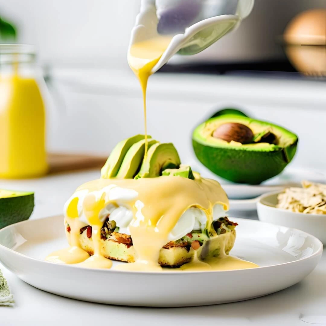 A golden Eggs Benedict Casserole, featuring layers of English muffins, Canadian bacon, poached eggs, and a rich hollandaise sauce, baked to perfection and served with fresh arugula on the side.