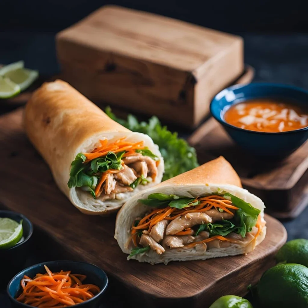 A freshly made Banh Mi sandwich, featuring a crispy baguette filled with savory grilled pork, pickled carrots and daikon radish, cilantro, cucumber slices, spicy chili sauce, and a drizzle of mayo.
