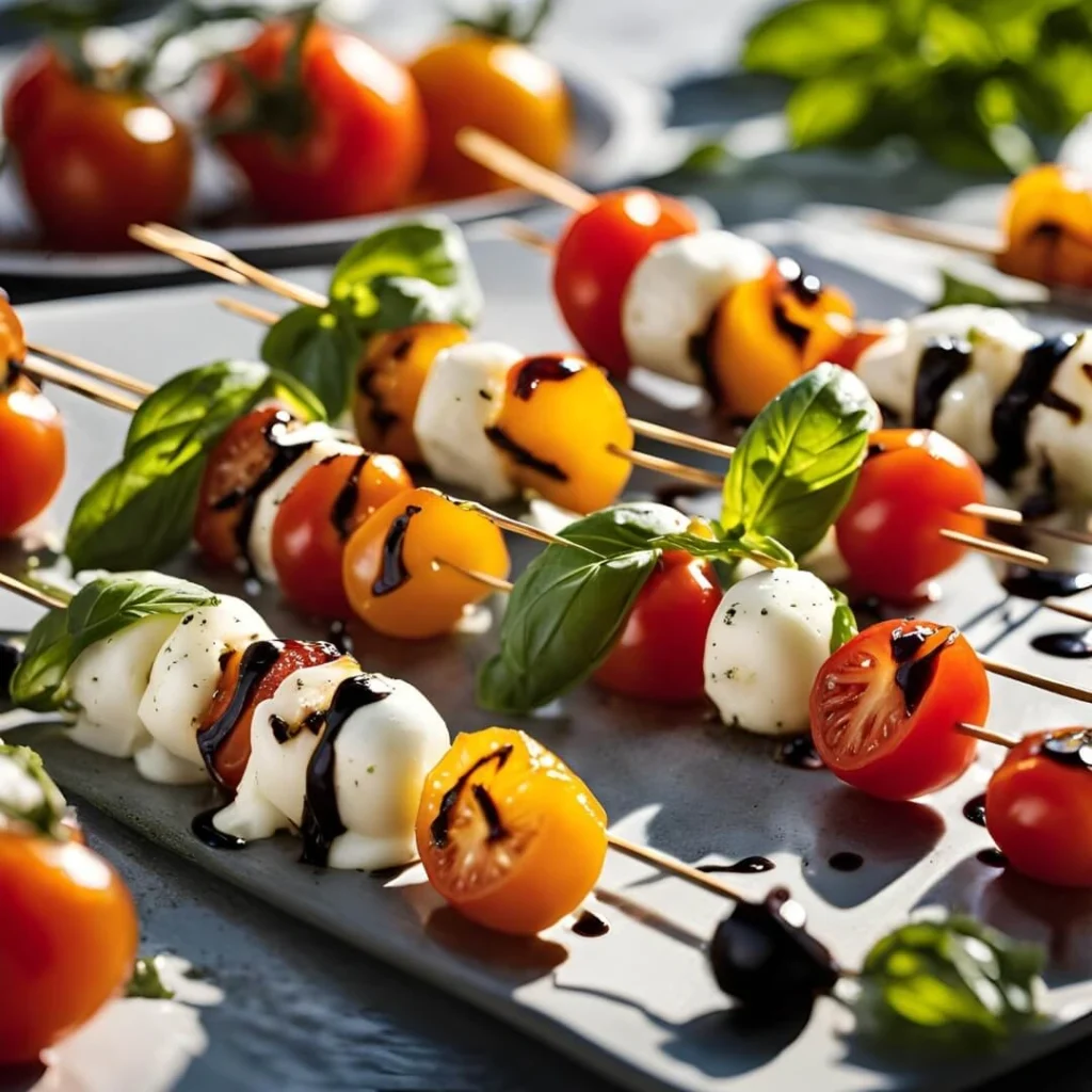 A colorful arrangement of Caprese Skewers, featuring fresh cherry tomatoes, creamy mozzarella balls, and fragrant basil leaves threaded onto wooden skewers, drizzled with a glossy balsamic glaze.