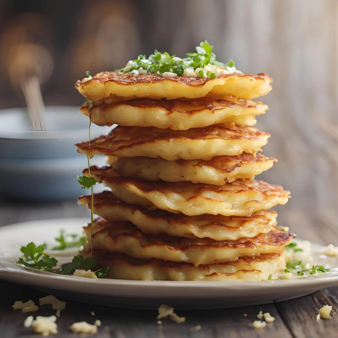 A golden plate of German Potato Pancakes, featuring crispy pancakes made from grated potatoes, onions, and flour, served with a side of applesauce and sour cream for dipping.