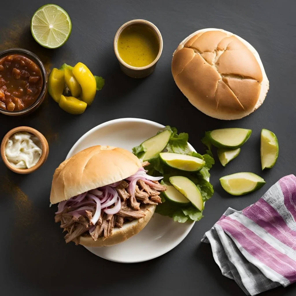 A mouthwatering Slow-Cooker Cuban Pork Sandwich, featuring tender, slow-cooked pork marinated in garlic, citrus, and spices, served on a warm cubano roll with pickles, mustard, and melted Swiss cheese.