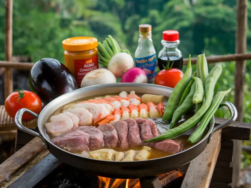 A collection of essential ingredients for making sinigang, including tamarind paste, pork slices, radishes, eggplant, spinach, okra, tomatoes, garlic, and calamansi, arranged on a rustic wooden board.