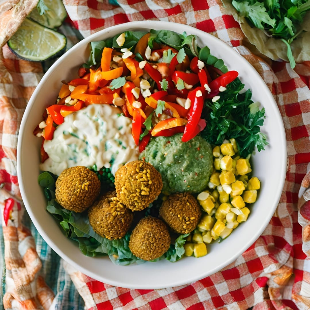 A vibrant Falafel Power Bowl, featuring crispy chickpea falafels placed atop a bed of mixed greens, quinoa, cherry tomatoes, cucumber slices, and tahini sauce, garnished with fresh parsley.