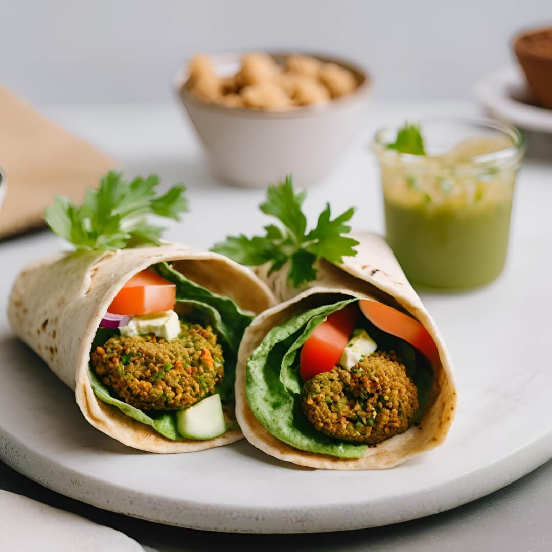 A freshly made Falafel Wrap, featuring crispy chickpea falafels tucked inside a soft pita bread with fresh lettuce, tomatoes, cucumbers, tahini sauce, and a sprinkle of sumac.