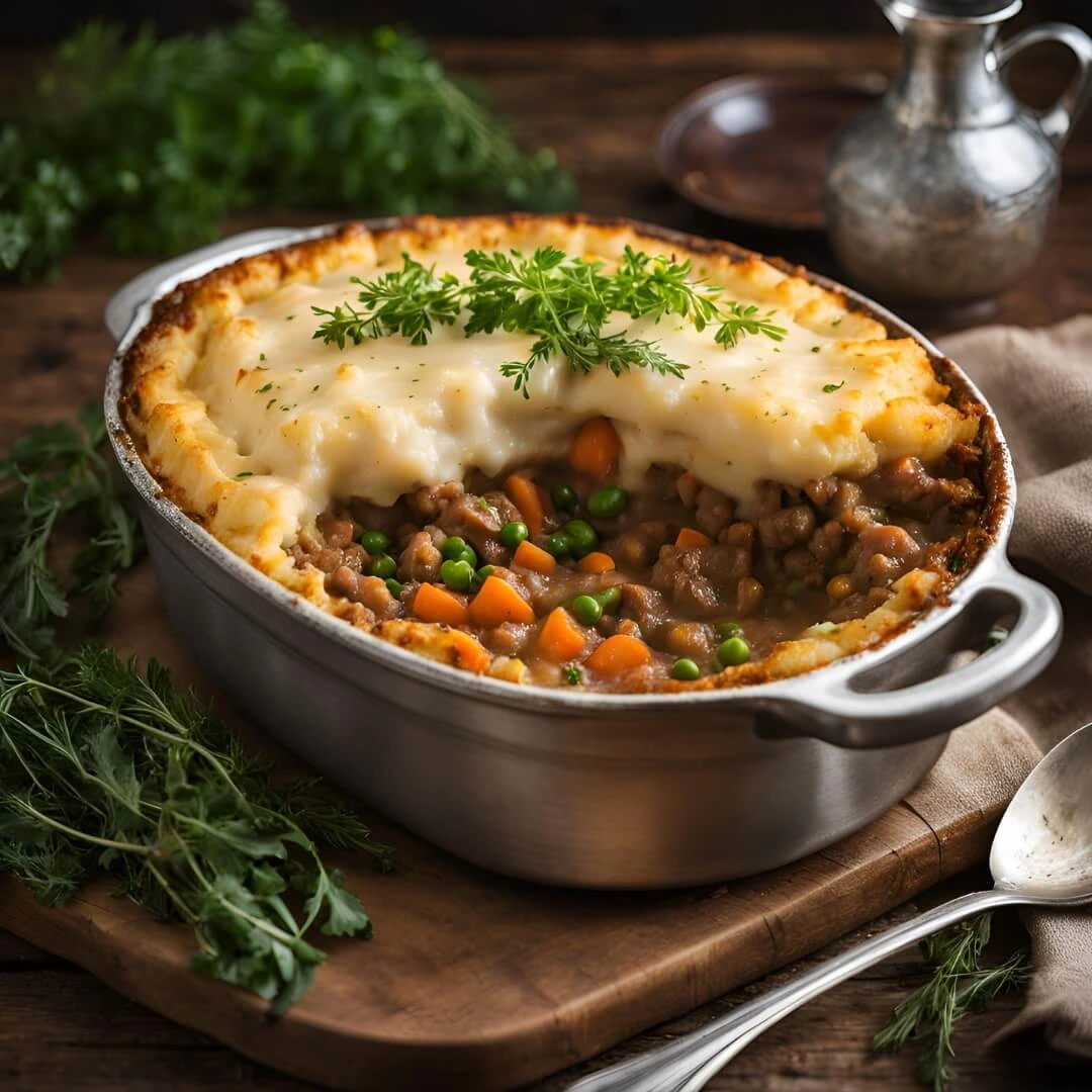 A comforting dish of Gluten-Free Shepherd's Pie, featuring layers of tender ground lamb or beef, mixed with vegetables like carrots and peas, topped with a creamy mashed cauliflower or potato substitute, and baked until golden brown.