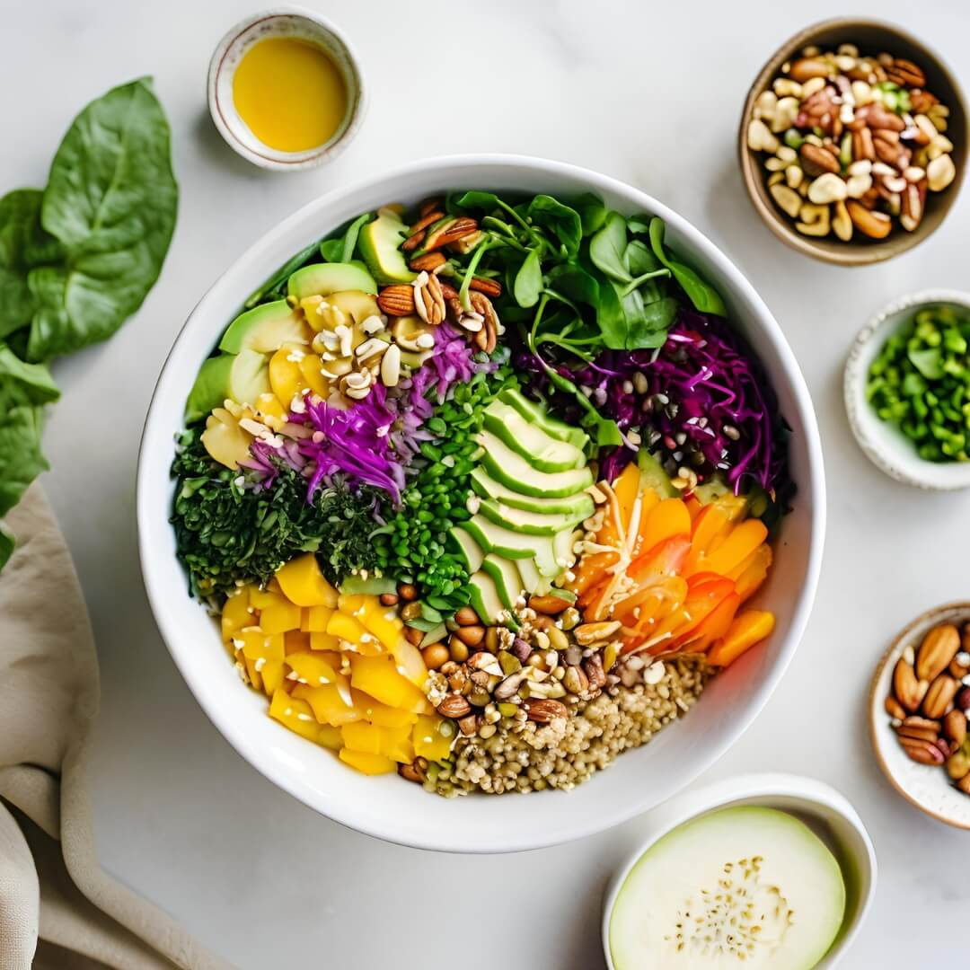 A colorful Grain-Free Buddha Bowl, featuring a mix of roasted vegetables like sweet potatoes, Brussels sprouts, and carrots, topped with creamy avocado slices, poached eggs, and a drizzle of tahini dressing.