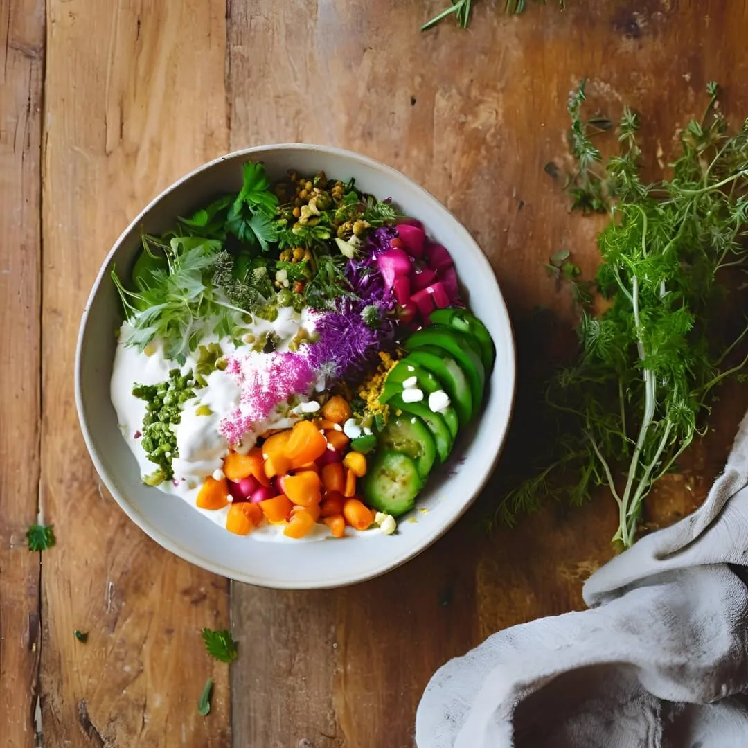A vibrant Harissa Yogurt Bowl, featuring creamy yogurt mixed with spicy harissa paste, topped with roasted chickpeas, diced cucumbers, cherry tomatoes, fresh mint, and a drizzle of olive oil.