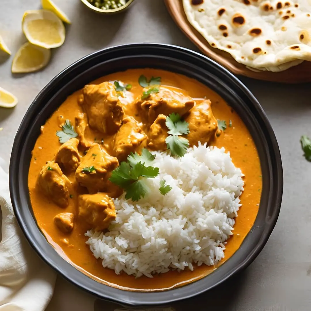 A steaming plate of Indian Butter Chicken, featuring tender pieces of chicken cooked in a rich, creamy tomato-based sauce, served with naan bread and fragrant basmati rice on the side.