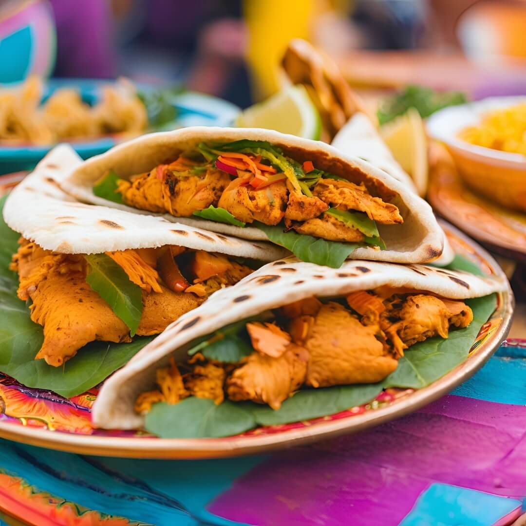 A vibrant Indian Tandoori Chicken Pita, featuring tender pieces of spicy tandoori chicken tucked into a warm pita bread with fresh cucumber slices, tomatoes, lettuce, and a dollop of cooling raita.