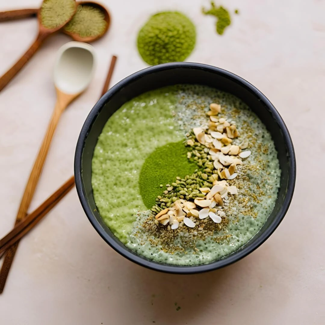 A glass jar of Matcha Chia Seed Pudding, featuring a vibrant green pudding thickened with chia seeds, layered with fresh fruit like strawberries and kiwi, and topped with a sprinkle of granola for added crunch.