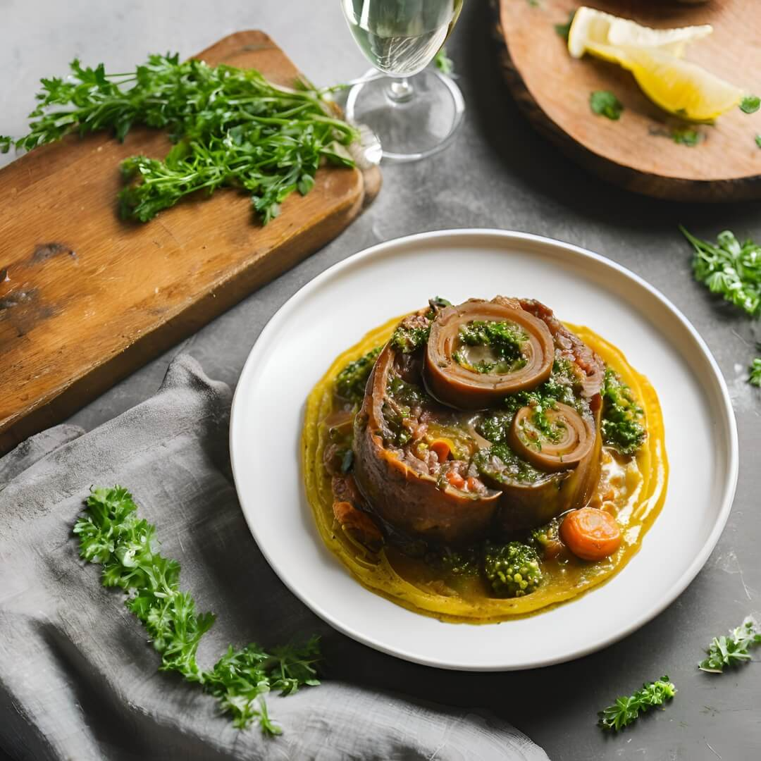 A hearty plate of Italian Osso Buco with Gremolata, featuring tender braised veal shanks served over creamy risotto, topped with a fresh gremolata made from lemon zest, parsley, and garlic.