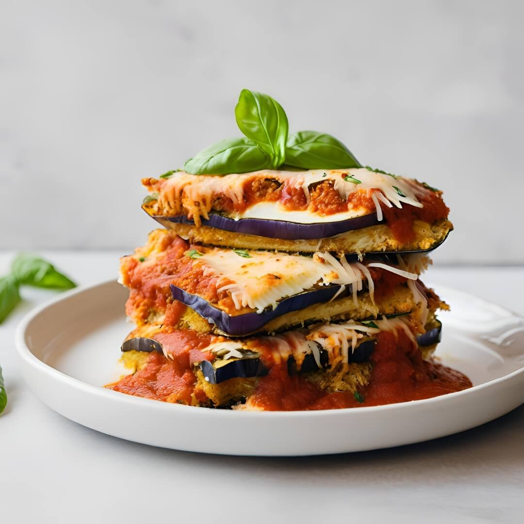 A beautifully layered Italian Eggplant Parmesan Stack, featuring thin slices of breaded and baked eggplant, marinara sauce, melted mozzarella cheese, and fresh basil leaves.