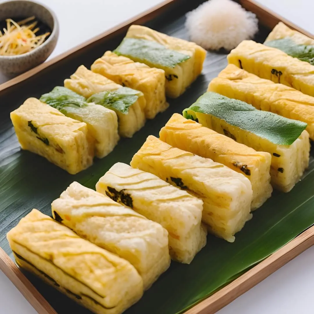 A slice of golden Japanese Tamagoyaki, featuring a perfectly rolled omelet with layers of soft, slightly sweet egg, served garnished with sesame seeds and soy sauce.