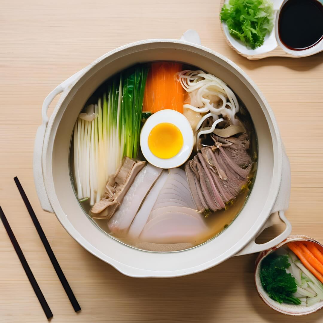 A steaming Japanese Sukiyaki Hot Pot, featuring thinly sliced beef, tofu, vegetables like mushrooms and bok choy, noodles, and a savory-sweet soy-based broth, served with a side of raw eggs for dipping.