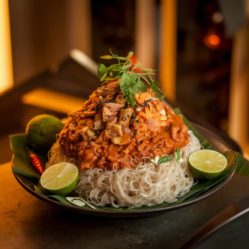 A vibrant bowl of Khao Poon, featuring rice noodles in a rich coconut curry broth, loaded with tender meats, fresh herbs like mint and cilantro, lime wedges, and crunchy garnishes such as shallots and peanuts.