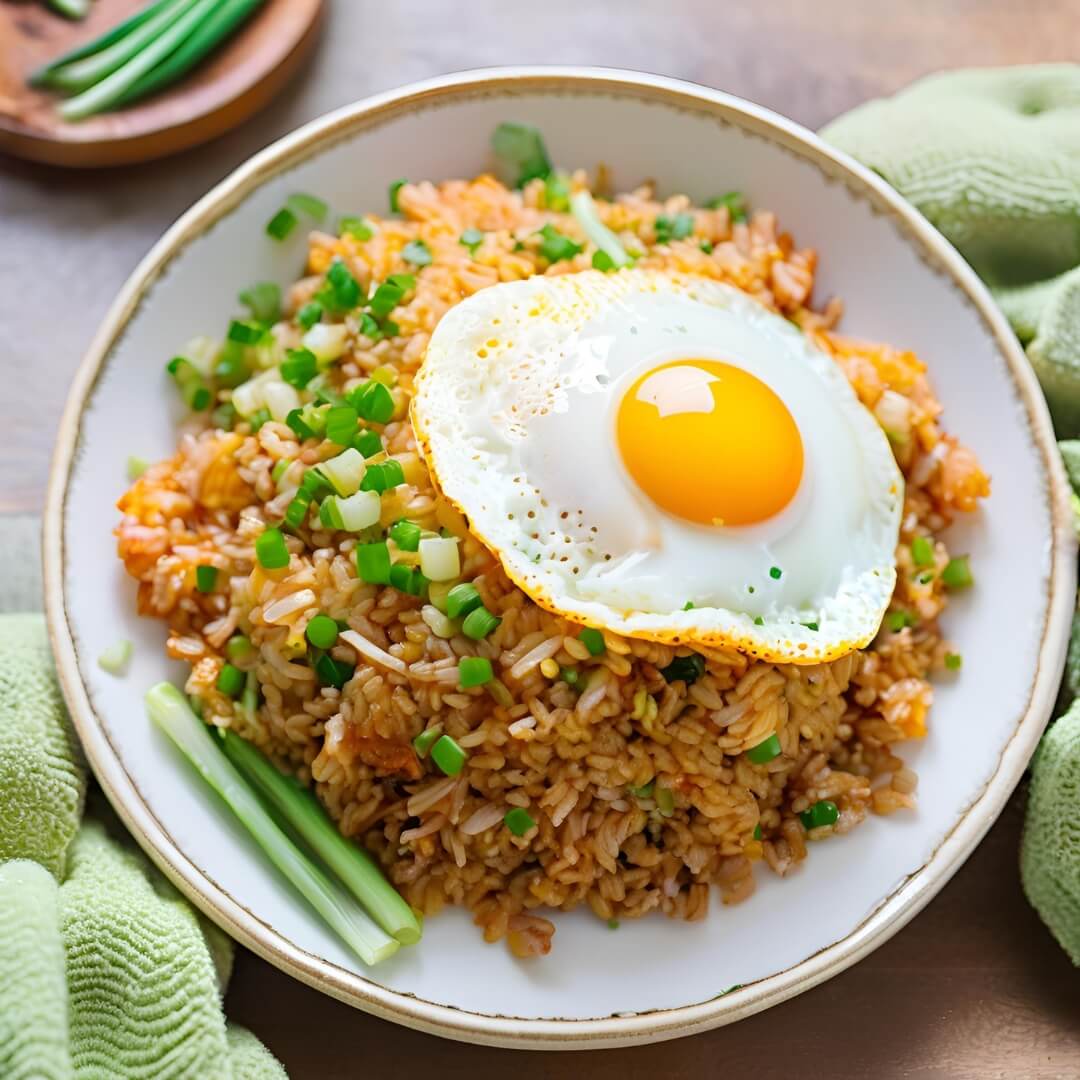 A steaming bowl of Kimchi Fried Rice, featuring vibrant fermented kimchi mixed with tender grains of rice, diced vegetables, a perfectly cooked fried egg on top, and garnished with green onions and sesame seeds.