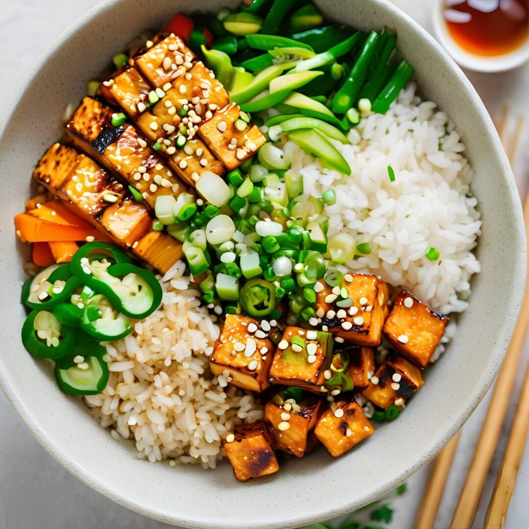 A vibrant Korean Spicy Tofu Rice Bowl, featuring soft tofu simmered in a fiery gochujang-based sauce, served over steamed rice and topped with crisp kimchi, green onions, and a perfectly cooked sunny-side-up egg.