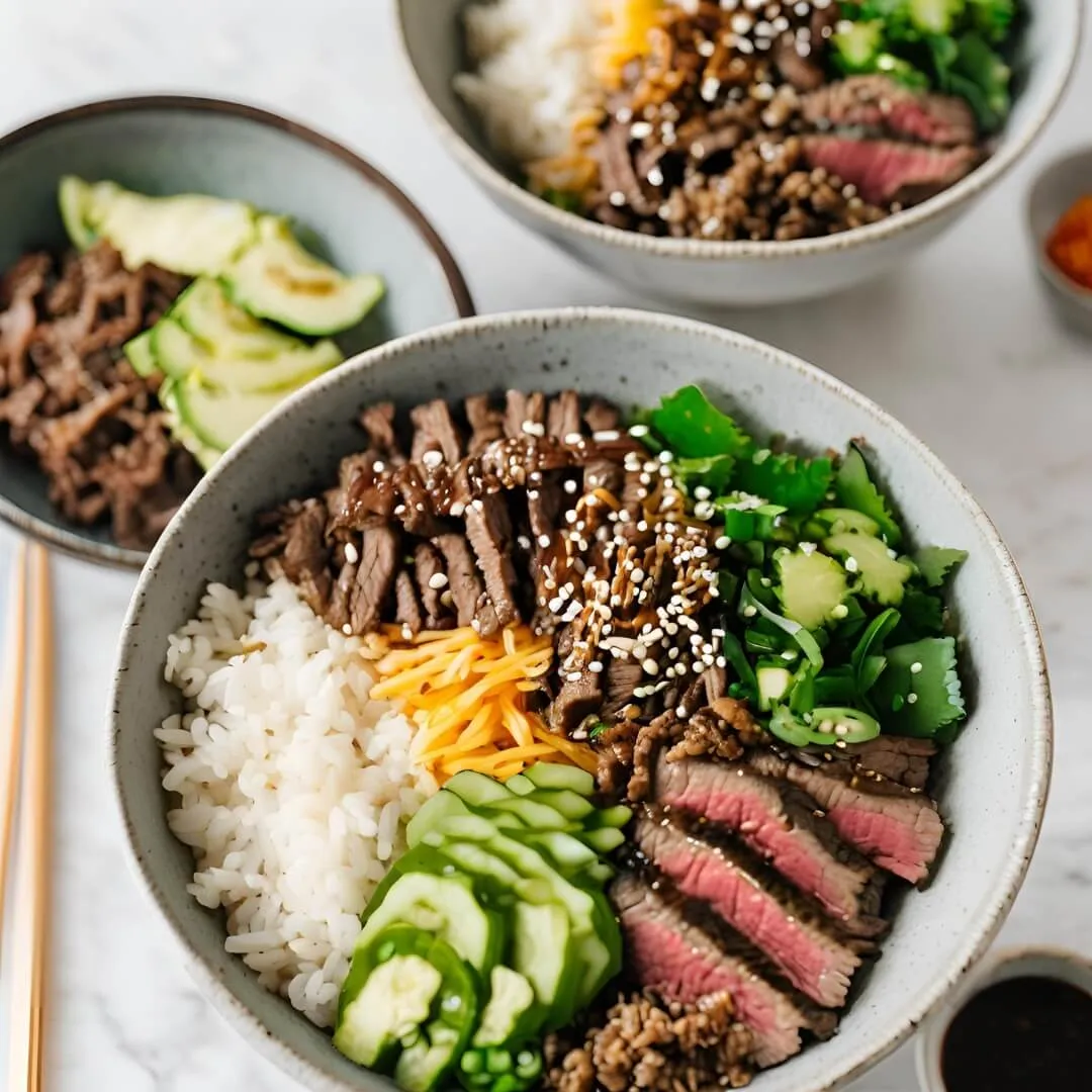 A vibrant Korean BBQ Beef Bowl, featuring tender slices of marinated beef served over a bed of steamed rice, topped with crisp kimchi, fresh spinach, sliced scallions, and a drizzle of savory gochujang sauce.