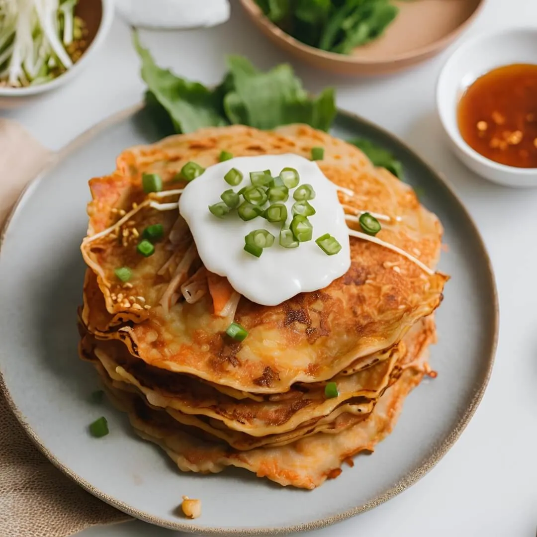 A plate of crispy Korean Kimchi Pancakes, featuring golden-brown pancakes made with fermented kimchi, scallions, and flour, served with a side of spicy dipping sauce.