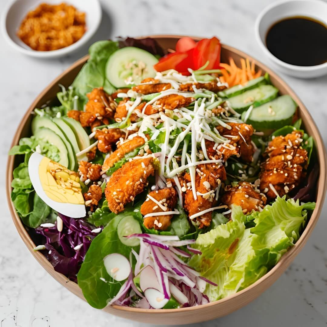 A vibrant bowl of Korean Fried Chicken Salad, featuring crispy pieces of Korean-style fried chicken tossed with mixed greens, carrots, cucumbers, and sesame seeds, all drizzled with a spicy gochujang dressing.