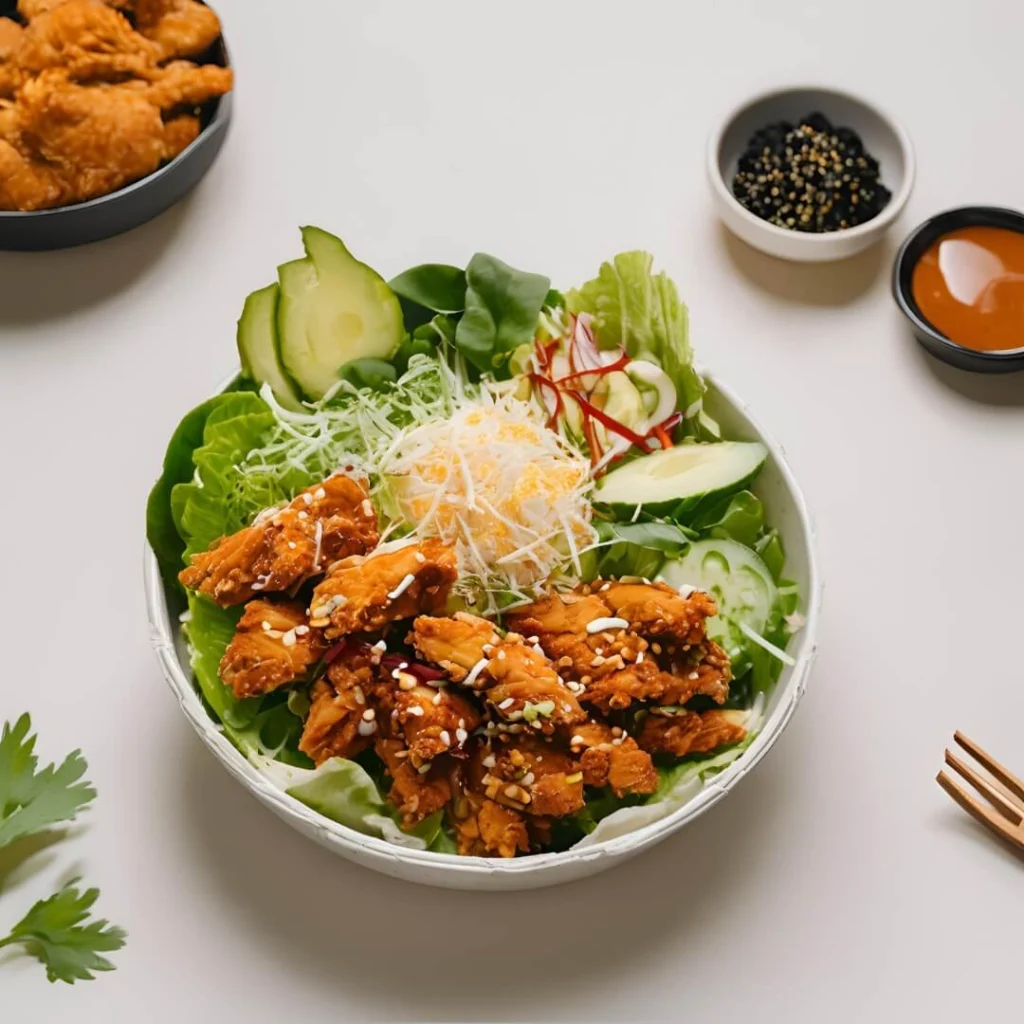 A vibrant bowl of Korean Fried Chicken Salad, featuring crispy pieces of Korean-style fried chicken tossed with mixed greens, carrots, cucumbers, and sesame seeds, all drizzled with a spicy gochujang dressing.