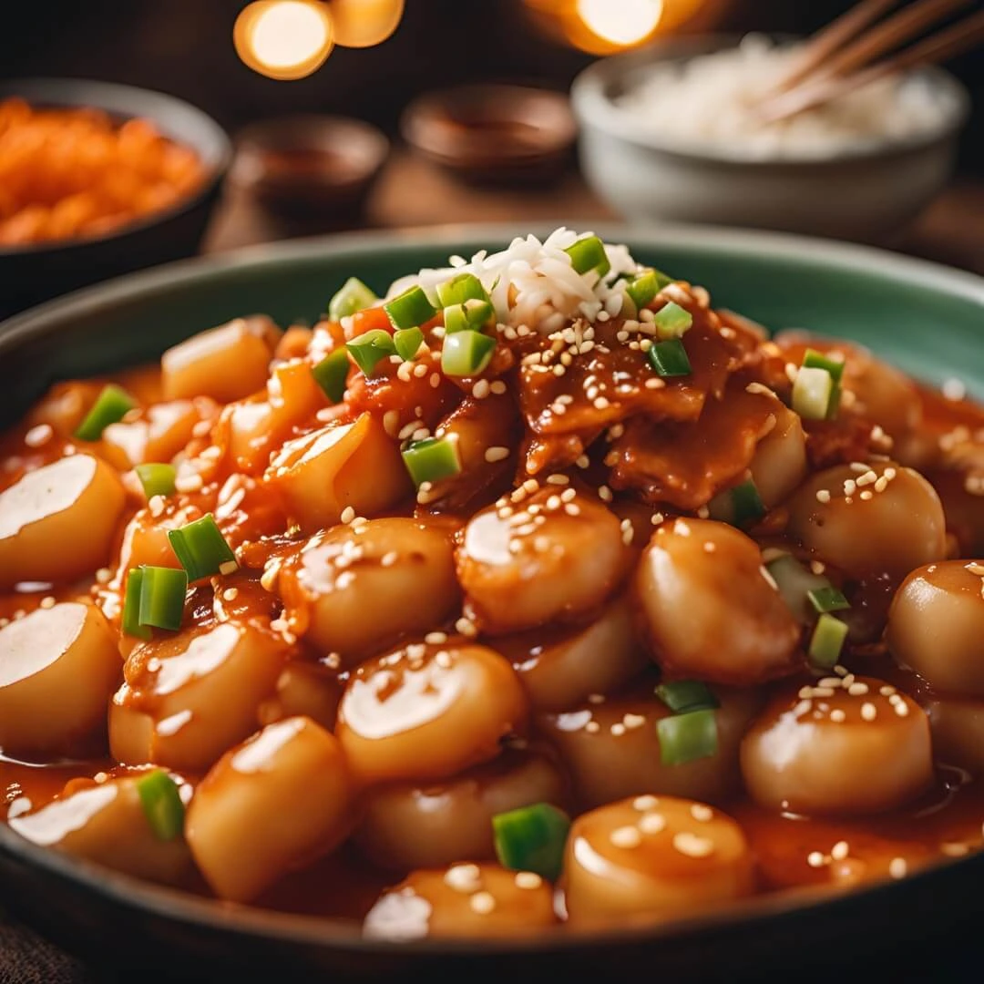 A steaming bowl of Korean Tteokbokki Rice Cakes, featuring chewy rice cakes in a vibrant red spicy sauce, garnished with sesame seeds, green onions, and a boiled egg on top.